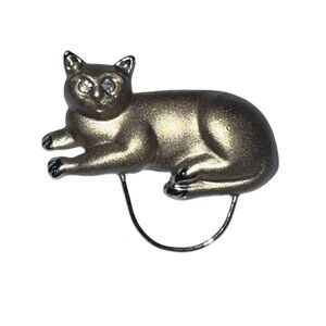 Vintage Cat Rhinestone Eyes Brushed Gold Tone Brooch